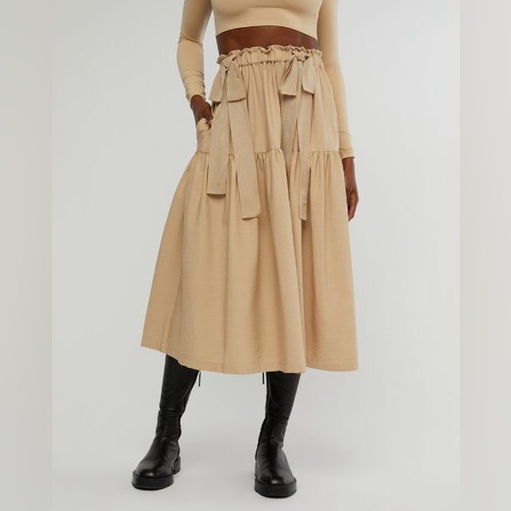 New! WeWoreWhat Pull On Poplin Midi Skirt, Tan Size S